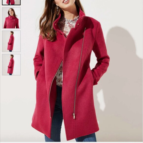NWT LOFT Women's Wooly Funnel Neck Preppy Mid Fall Moto Coat in Fuchsia Pink - Picture 1 of 13